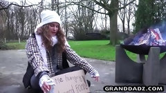 homeless video: Homeless girl gets a waffle and a granddad dick for lunch