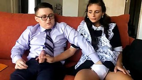 couch video: Slutty maid and a horny student are fucking like two wild animals, on the couch