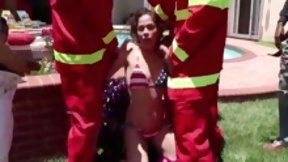 firefighter video: Firefighters fucking brunette at pool