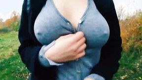 cleavage video: Boobwalk: Buttoned V-Neck Shirt, and Coat. Hooters Out.