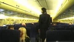 airport video: Brunette beauty wearing stewardess uniform gets fucked on a plane