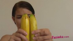 banana video: Hussy Czech brunette palys with banana and  her pussy